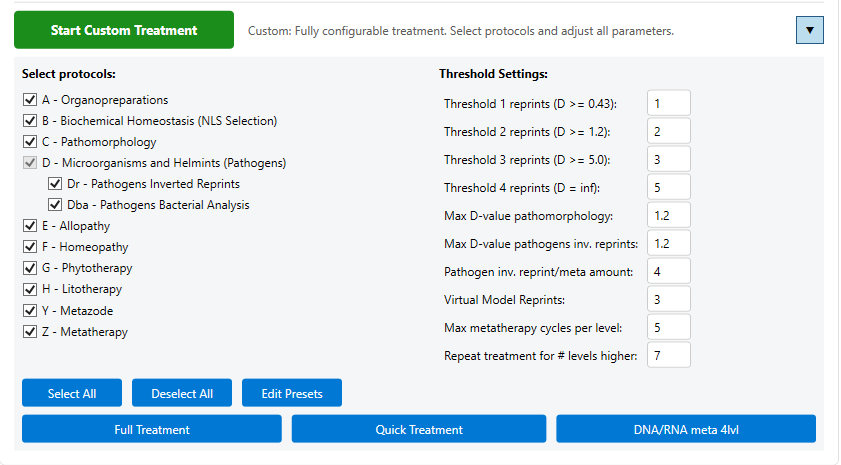 CSARhunter custom treatment configuration with protocol selection and threshold settings
